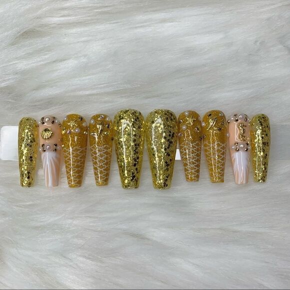 Yellow Mermaid 🧜♀️ Custom Press On Nails | High Quality Nails | Handmade - Picture 5 of 15